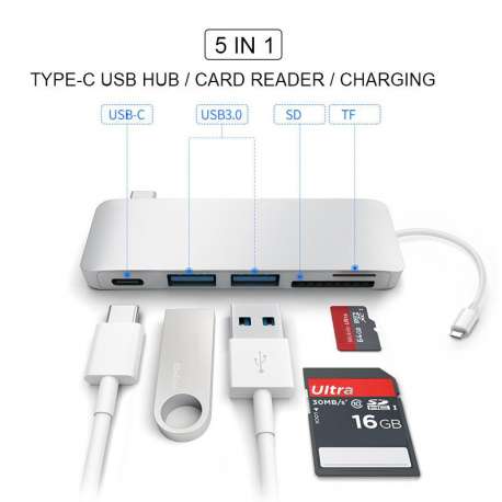 HUB Lecteur carte 5 en 1-USB 3.0 vers USB-C pour Apple MacBook